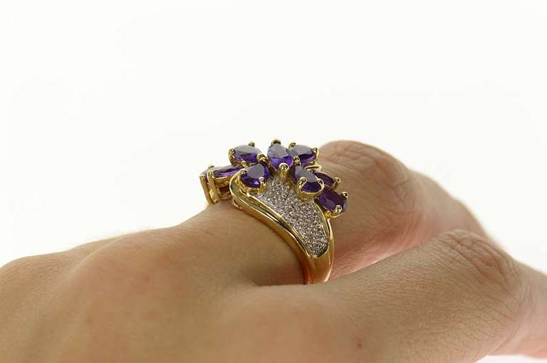 10K Yellow Gold Pear Amethyst Cluster Diamond Bypass Ring