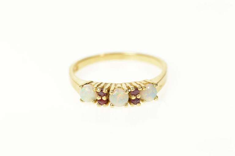 14K Yellow Gold Opal Ruby Ornate Wedding Band Ring