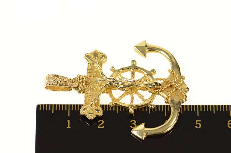 14K Yellow Gold Ornate Cross Anchor Crucifix Nautical Faith Pendant