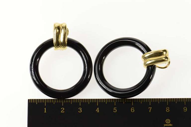 14K Yellow Gold Round Carved Black Onyx Door Knocker Earrings