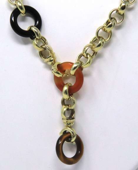 Majestic Yellow Gold Ornamental Gem Ring Station Necklace