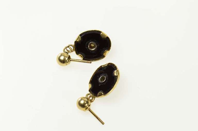 10K Yellow Gold Oval Black Onyx Pearl Accent Dangle Earrings