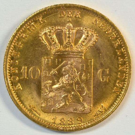 Superb Gem BU 1889 Netherlands 10 Guilden Gold Piece