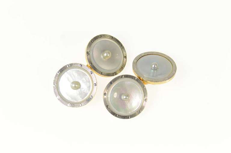 14K Yellow Gold Art Deco Mother of Pearl Seed Pearl Cuff Links