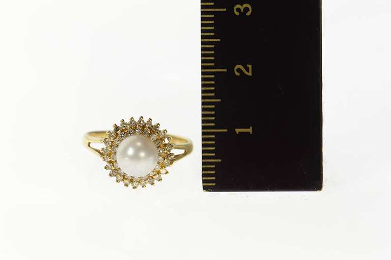 14K Yellow Gold Pearl Diamond Halo Classic Statement Cocktail Ring