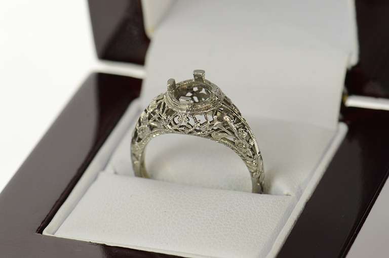 18K White Gold 5.75mm Art Deco Filigree Engagement Setting Ring