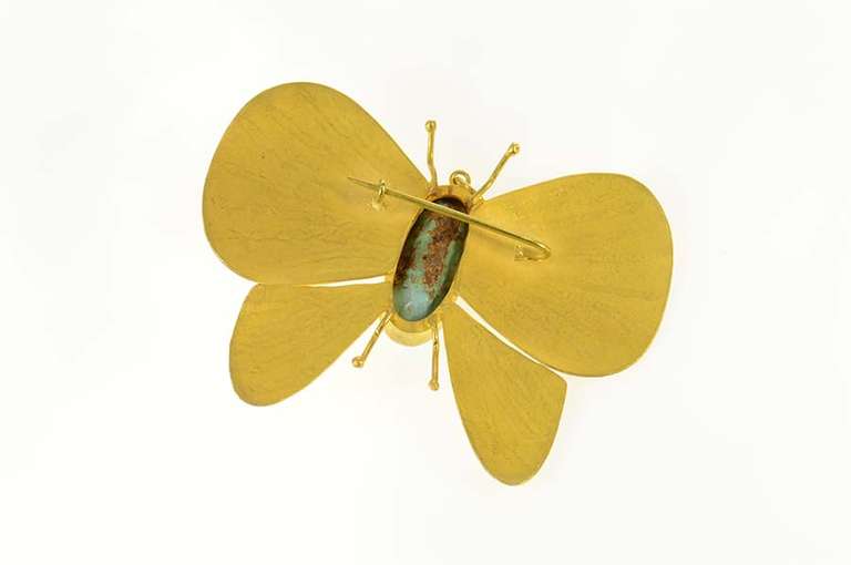 18K Yellow Gold Turquoise Satin Finish Butterfly Moth Pin/Brooch