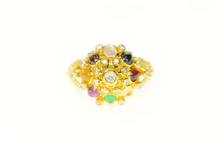 22K Yellow Gold Diamond Ruby Quartz Tiger's Eye Statement Ring