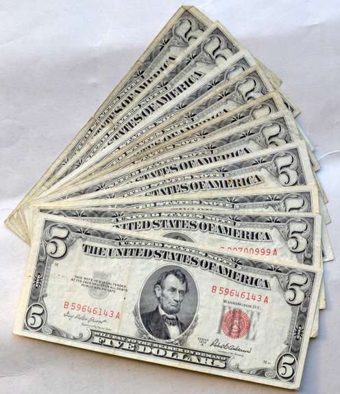 10 $5  1953 ABC Series Nicer Red Seal US Notes