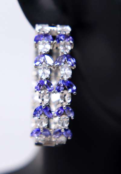 Sterling Silver Blue and White Cubic Zirconia Hoop Earrings