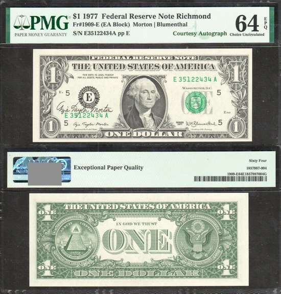 $1 1977 FRN Fr. 1909-E Azie Taylor Morton Courtesy Autograph PMG Ch Unc 64 EPQ