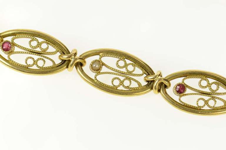 14K Yellow Gold Elaborate Retro Garnet Pearl Filigree Chain Bracelet