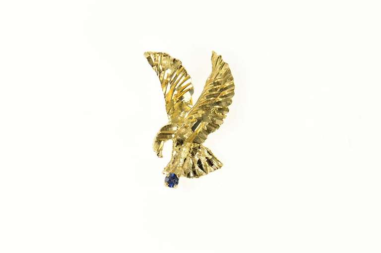 14K Yellow Gold Diamond Cut Soaring Eagle Sapphire Pendant