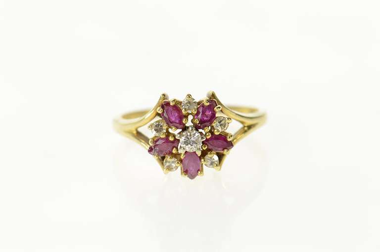 14K Yellow Gold Diamond Marquise Ruby Halo Cluster Cocktail Ring