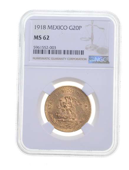 MS62 1918 Mexico 20 Pesos Gold - Graded NGC