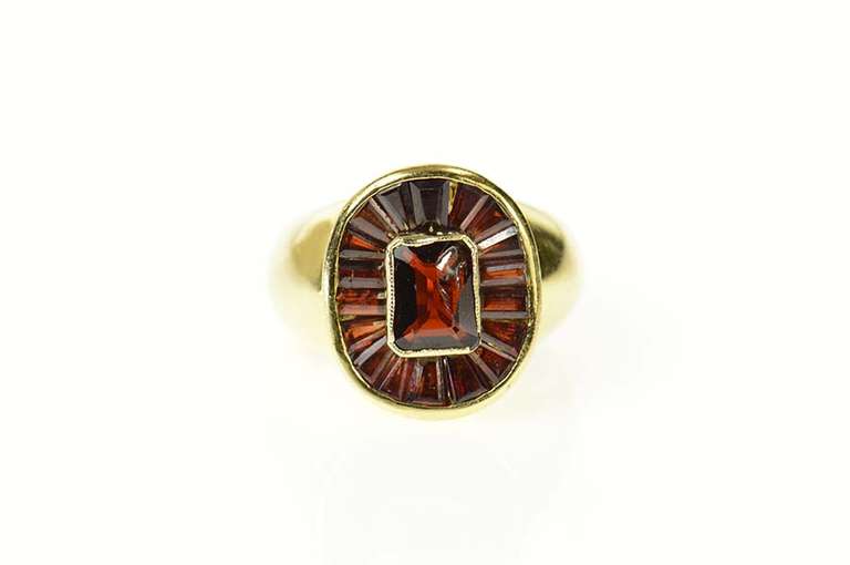 18K Yellow Gold Emerald Garnet Baguette Bezel Halo Cocktail Ring