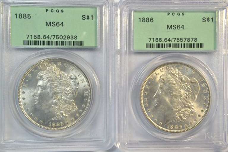 Near Gem BU 1885 & 1886 Morgan Silver Dollars. Old PCGS MS64