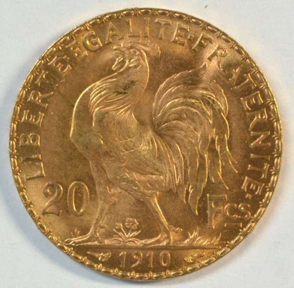 Superb Gem BU 1910 France 20 Francs Gold 'Rooster' coin