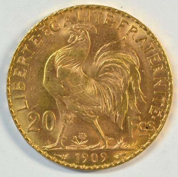 Superb Gem BU 1909 France 20 Francs Gold 'Rooster' coin