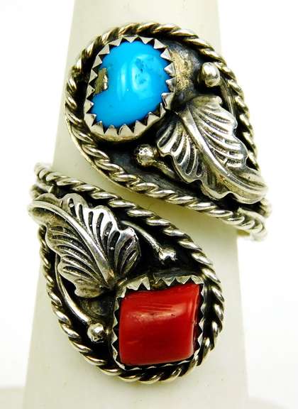 Navajo JJ Sterling Turquoise/Coral Ring, Size 6