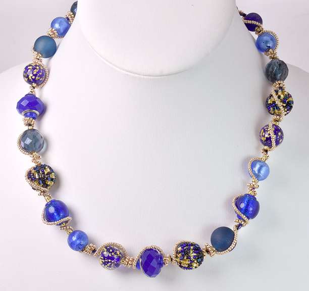 Brilliant Blue Italian Made, Hand Blown Art Glass with Gold Leaf Overlays Necklace