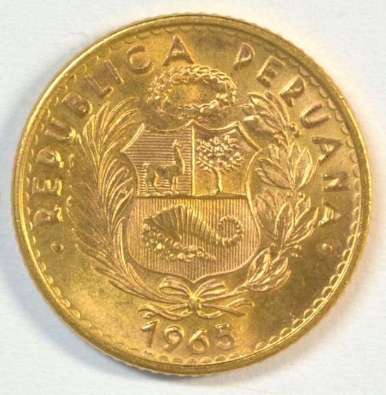 Superb Gem BU 1965 Peru 10 Soles Gold Piece