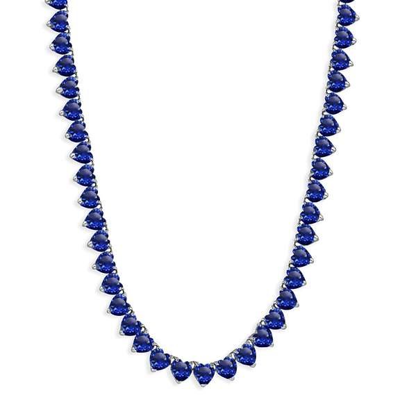 Sterling Silver Created Blue Sapphire Heart Classic Tennis Necklace, 16 Inches