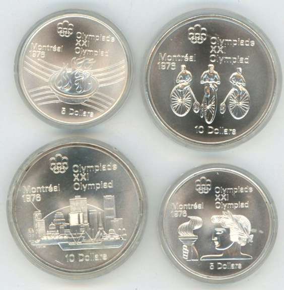 4 Gem BU 1976 Canada $5 and $10 SILVER Olympic Coins. Capsules