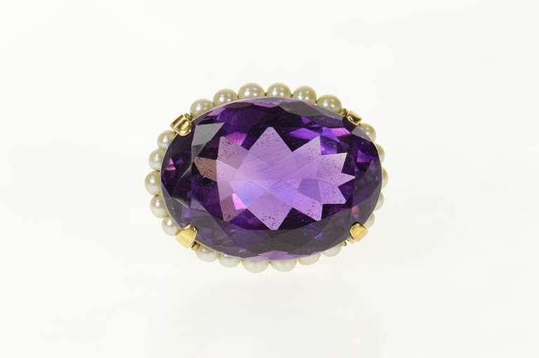 18K Yellow Gold Amethyst Pearl Halo Victorian Statement Pin/Brooch