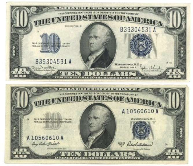 Nice XF 1953-A & Crisp Unc 1934-D $10 Silver Certificates