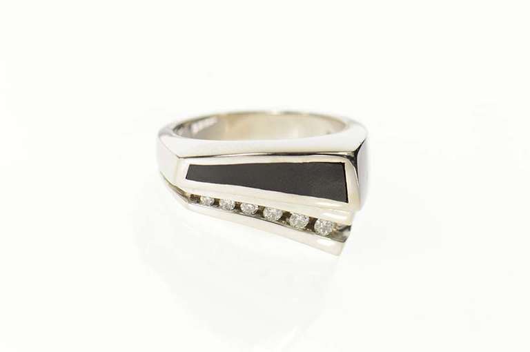 14K White Gold Diamond Black Onyx Squared Statement Ring