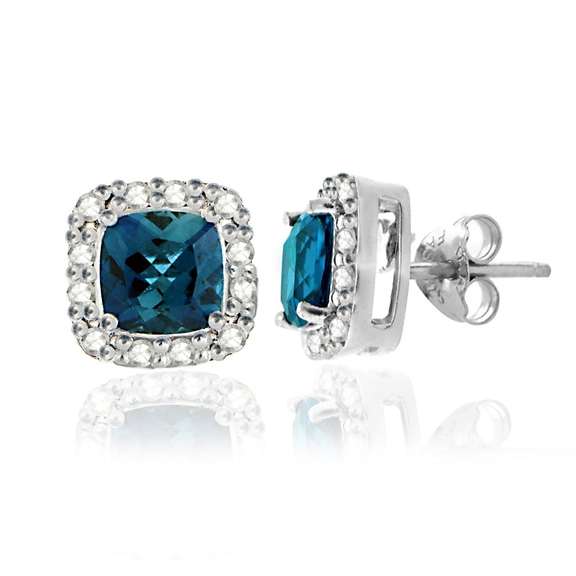 Sterling Silver 2.1 ct London Blue Topaz & 1/8 ct Diamond Stud Earrings
