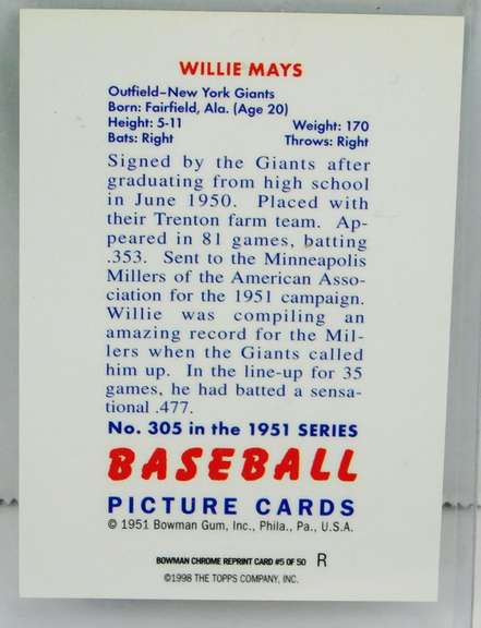 Willie Mays 1998 Topps Reprint Baseball Card