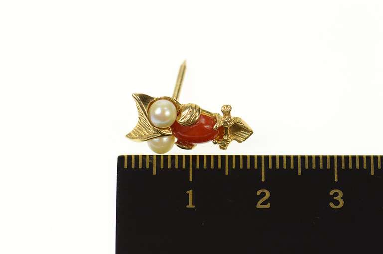 14K Yellow Gold Retro Pearl Coral Owl Bird Wisdom Lapel Pin/Brooch