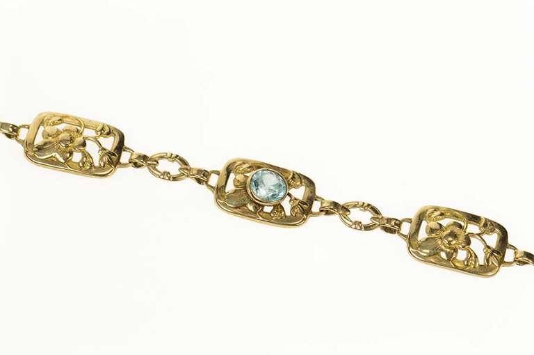 14K Yellow Gold Retro Etched Floral Blue Topaz Squared Link Bracelet