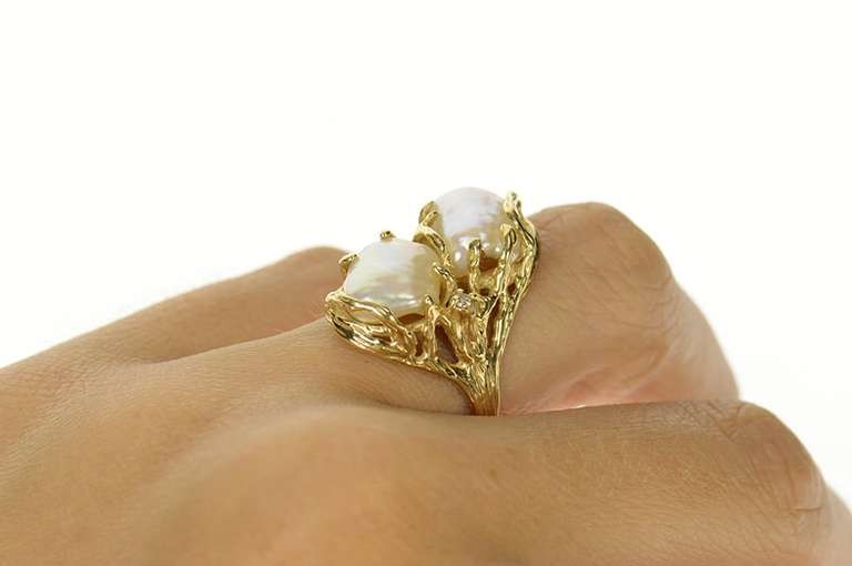 14K Yellow Gold Ornate Branch Tree Pearl Statement Bypass Ring