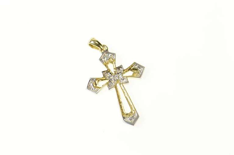 10K Yellow Gold Ornate Diamond Inset Cross Christian Faith Pendant