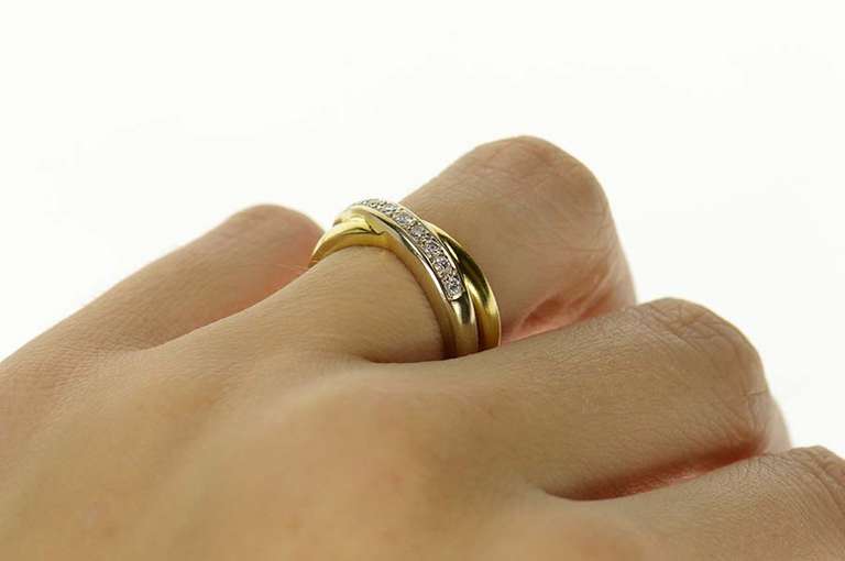 18K Yellow Gold Diamond Criss Cross Two Tone X Statement Ring