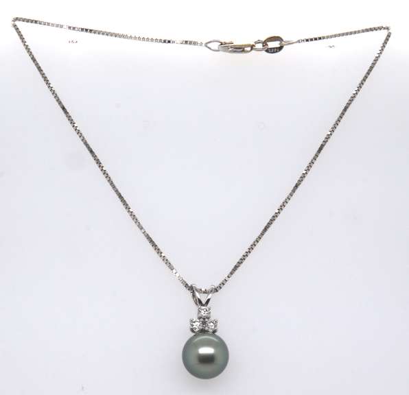 Great White Gold Black Pearl and Diamond Pendant on Chain