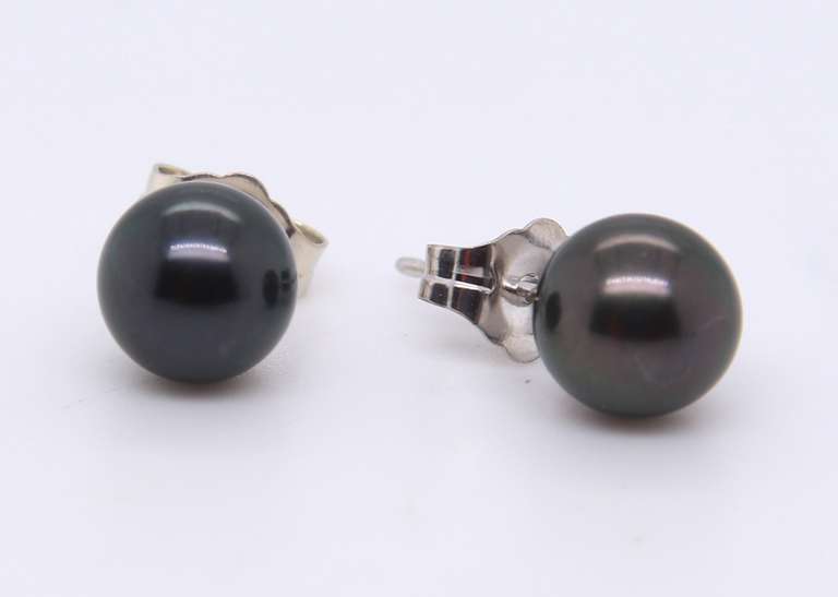 6.5mm Black Tahitian Pearl White Gold Stud Earrings