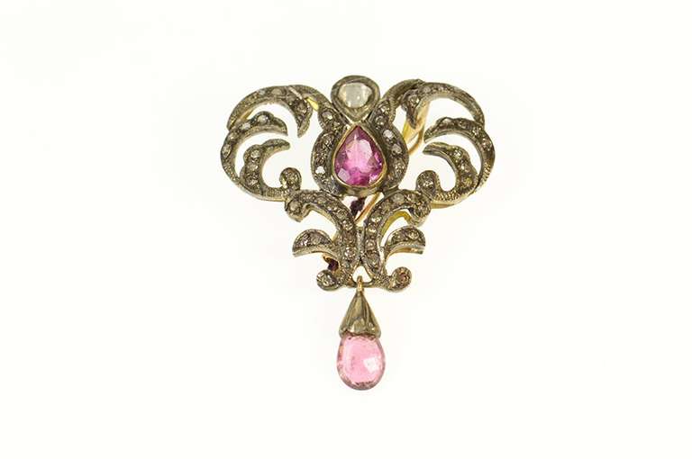 Sterling Silver 2.39 Ctw Victorian Pink Tourmaline Diamond Pendant/Pin