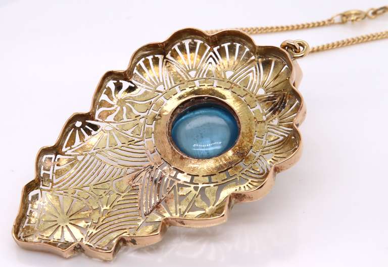 Incredible 18kt Cabochon Aquamarine and Diamond Pendant on Chain