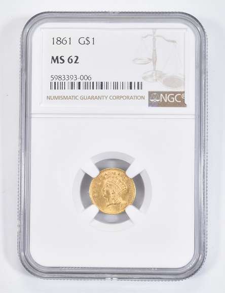 MS62 1861 $1 Indian Princess Head Gold Dollar - Graded NGC