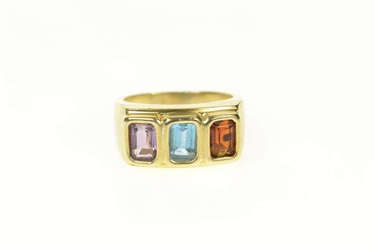 14K Yellow Gold Emerald Cut Garnet Blue Topaz Amethyst Band Ring