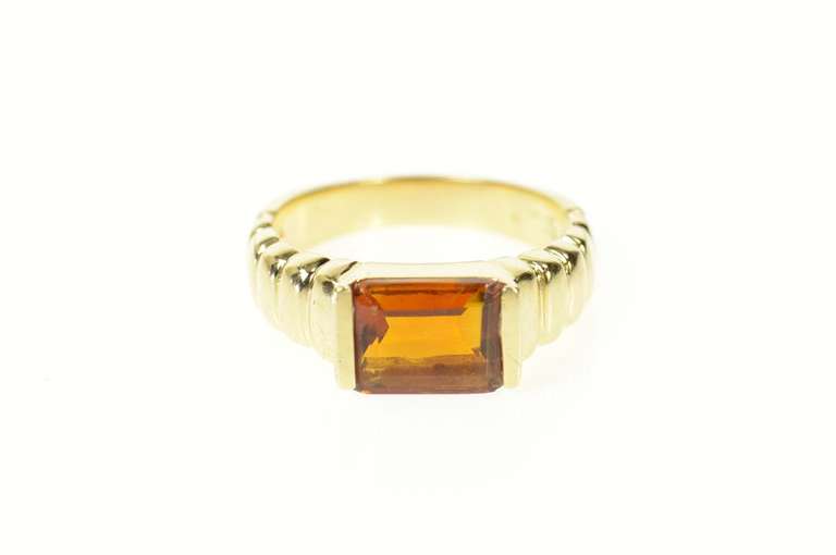 14K Yellow Gold Emerald Cut Citrine Grooved Squared Ring