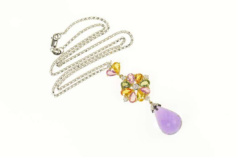 18K White Gold 19.11 Ctw Amethyst Drop Sapphire Diamond Necklace