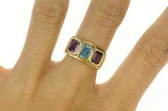 14K Yellow Gold Emerald Cut Garnet Blue Topaz Amethyst Band Ring