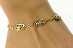 14K Yellow Gold Retro Etched Floral Blue Topaz Squared Link Bracelet