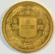 Choice BU 1886 Swiss 20 Francs Gold Piece. 1st year issue