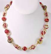 Precious Italian Made, Hand Blown Red Art Glass and Gold Links Necklace